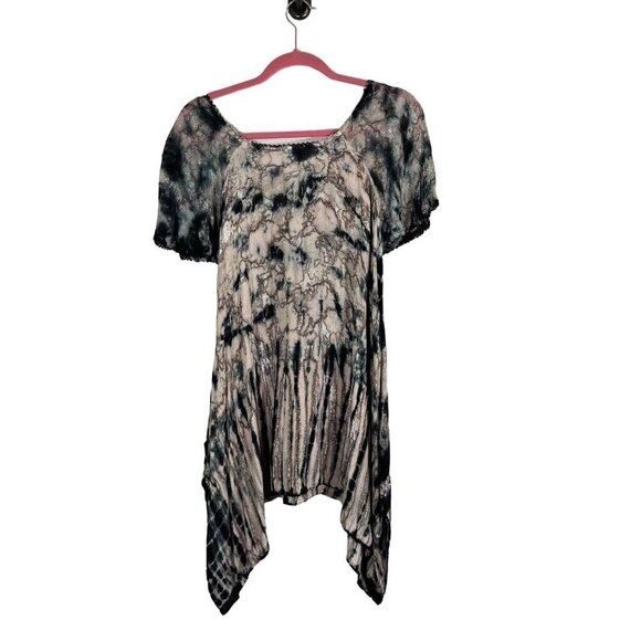 Tie Dye Floral Top M Brown Hi Lo Sequin Tassel Grunge Boho Biker Chic Funky 80s - Picture 11 of 13